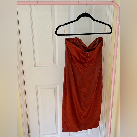 Oh Polly Strapless Satin Dress in Rust - Picture 6 of 9